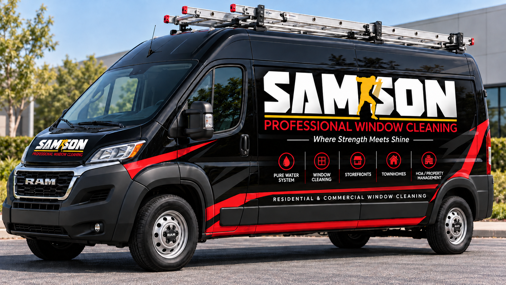 Black SAMSON window cleaning van with the approved white, gold and red branding